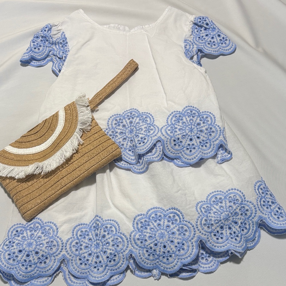 Happily Grey Kids- White & Blue 2 Piece Skirt set with Tan Clutch - Small 5/6
